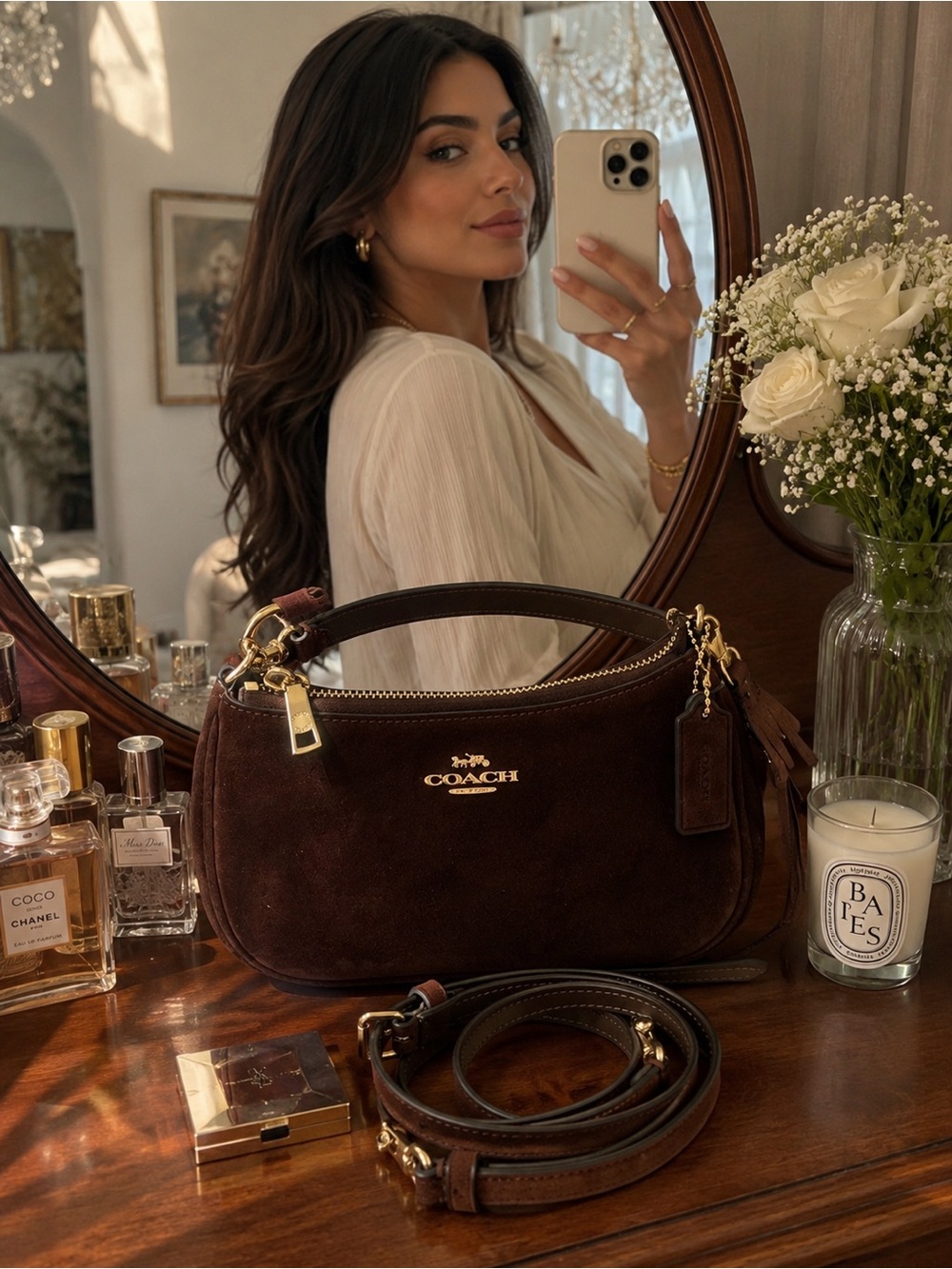 COACH Dark Brown Suede Shoulder Bag with Gold Hardware